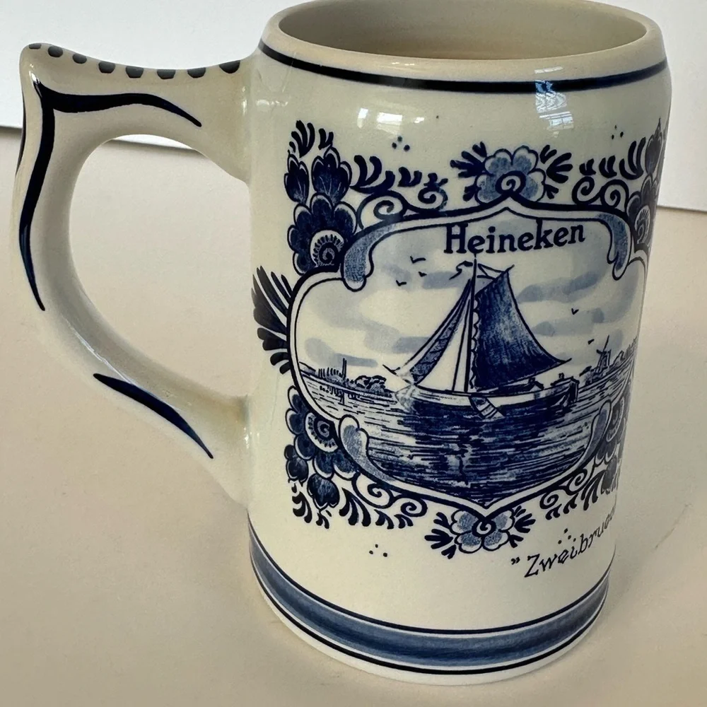 Vintage Heineken Delft Blue & White Hand Painted in Holland  Ceramic Beer Stein